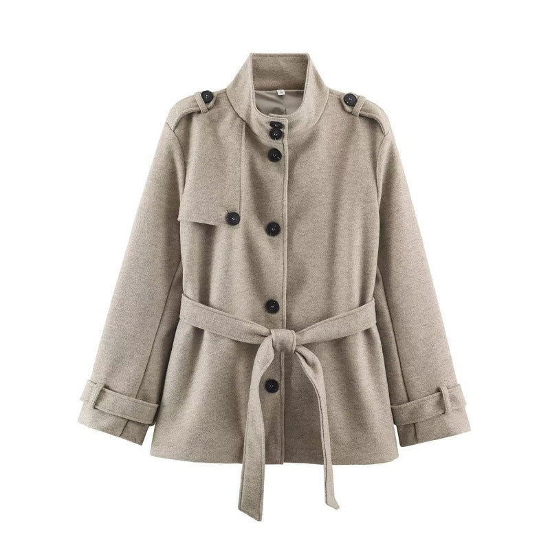 Damen kurze taillierte Manteljacke aus Wollmix mit Stehkragen, Schulterpatten und Bindegürtel Shop Nory
