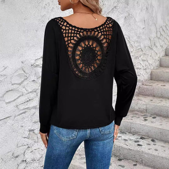 Damen Langarm T-Shirt mit dekorativem Häkelrücken