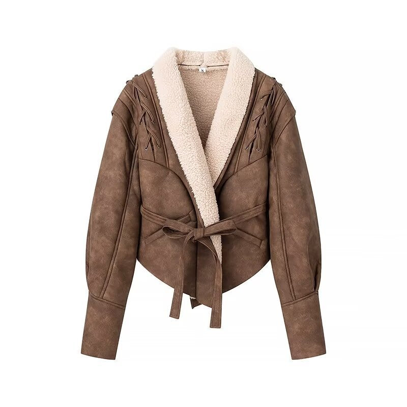 Damen Kurzjacke im Aviator‑Look mit Sherpa‑Futter, Bindegürtel und Schulter‑Schnürung Shop Nory