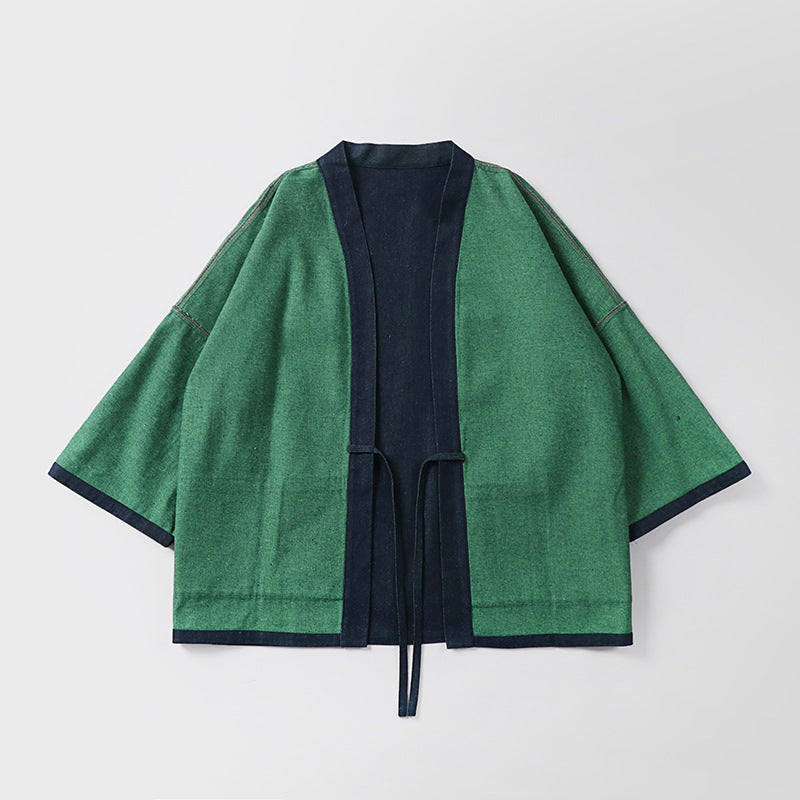 Unisex weit geschnittene Kimono-Jacke aus Baumwoll-Denim mit Bindeband und großen Aufgesetzten Taschen Shop Nory