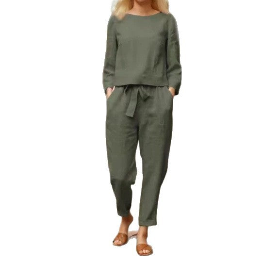 Damen Lässiges Leinen-Loungewear-Set mit Rundhalsausschnitt, Bindegürtel und knöchellanger Hose Shop Nory