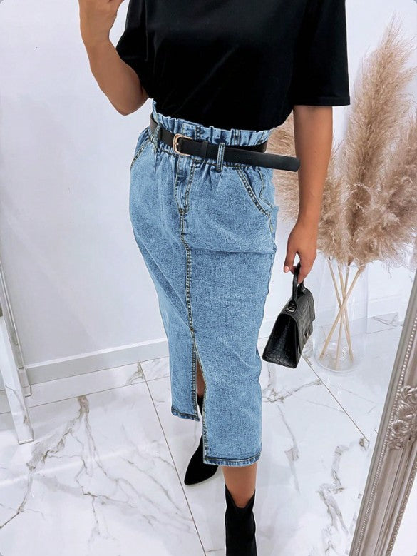 Damen Hochtaillierter Paperbag-Denim-Midirock mit Frontschlitz und Bindegürtel Shop Nory