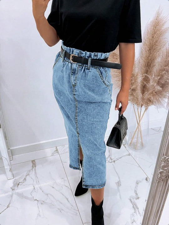 Damen Hochtaillierter Paperbag-Denim-Midirock mit Frontschlitz und Bindegürtel Shop Nory