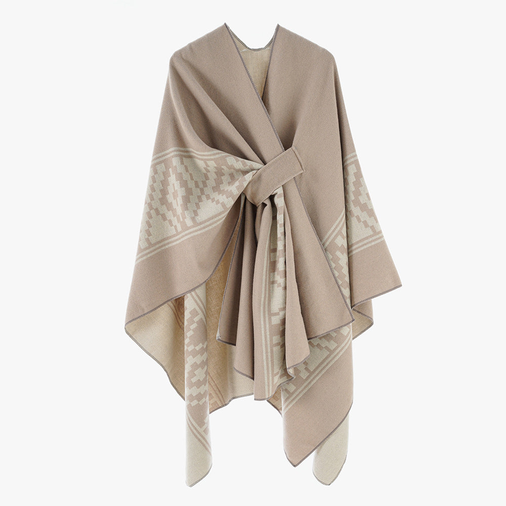 Damen Jacquard‑Ruana mit Bindegürtel und geometrischem Muster Shop Nory