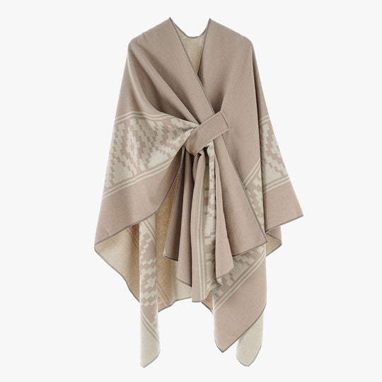 Damen Jacquard‑Ruana mit Bindegürtel und geometrischem Muster Shop Nory