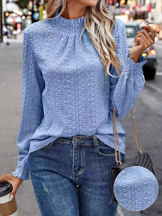 Damen Lochspitzen-Bluse mit gerafftem Stehkragen und Smok-Ärmeln Shop Nory