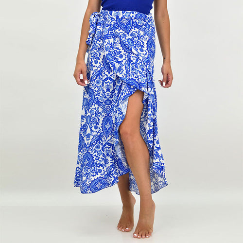 Damen Wickel-Midirock mit ornamentalem Print, Bindegürtel & Volantsaum Shop Nory