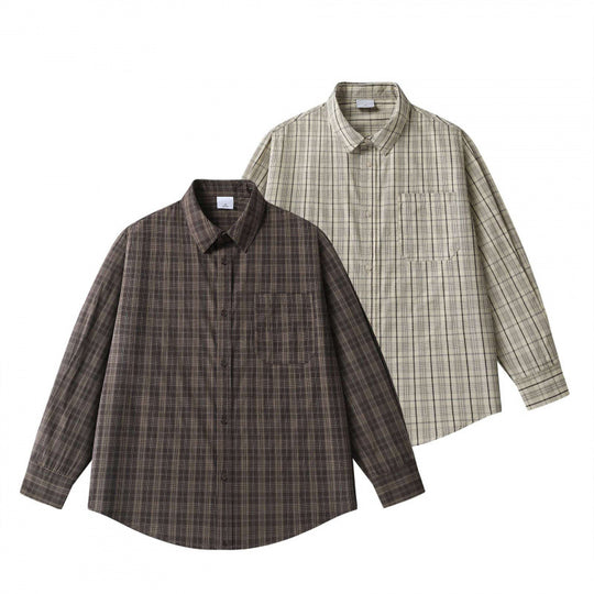 Unisex Lockeres Kastenförmiges Karo-Overshirt aus leichter Baumwollmischung mit Rückpasse und Kräusel-Detail Shop Nory