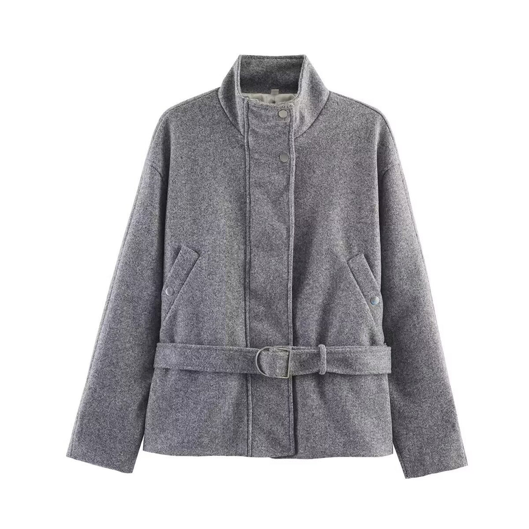 Damen Kurzjacke im kastigen Schnitt aus Wollmix mit Stehkragen und Taillengürtel Shop Nory
