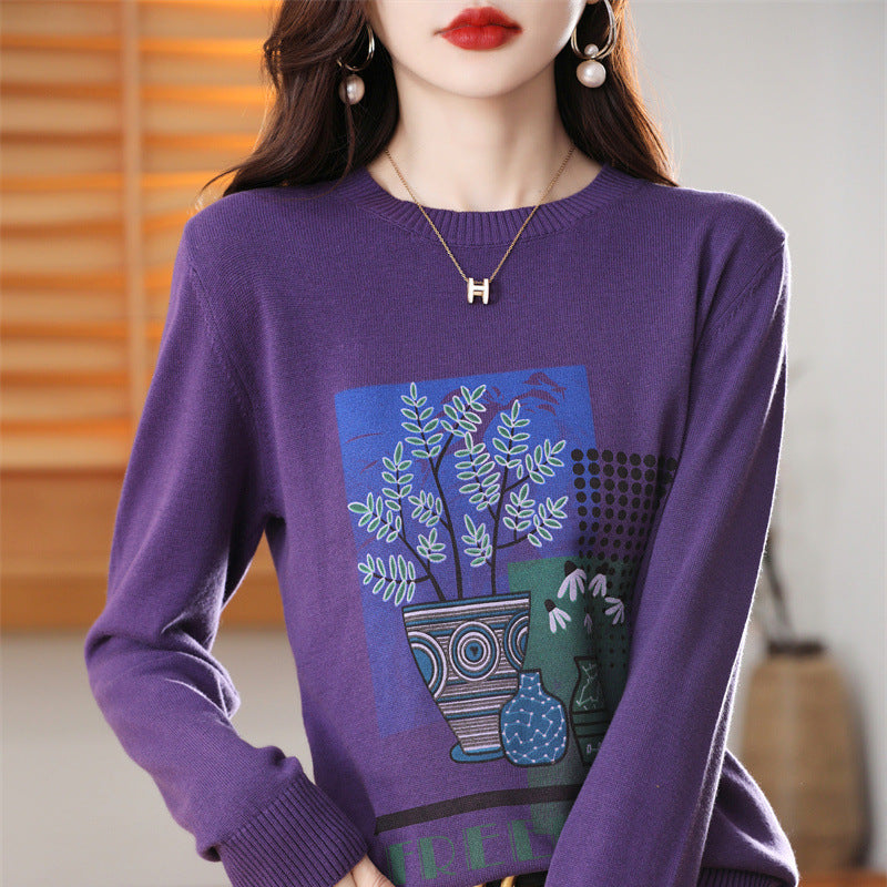 Damen Leichter Rundhalspullover mit grafischem Pflanzenprint und feinem Feinstrick Shop Nory