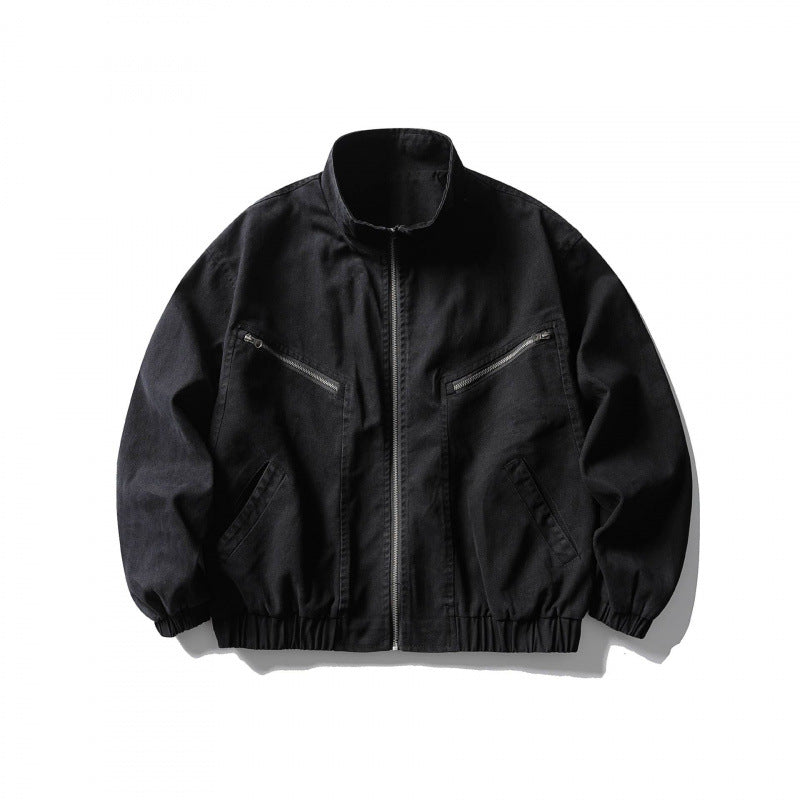 Unisex Kastenförmige Zip-Blousonjacke aus Canvas mit Stehkragen, schrägen Reißverschlusstaschen und elastischem Saum Shop Nory