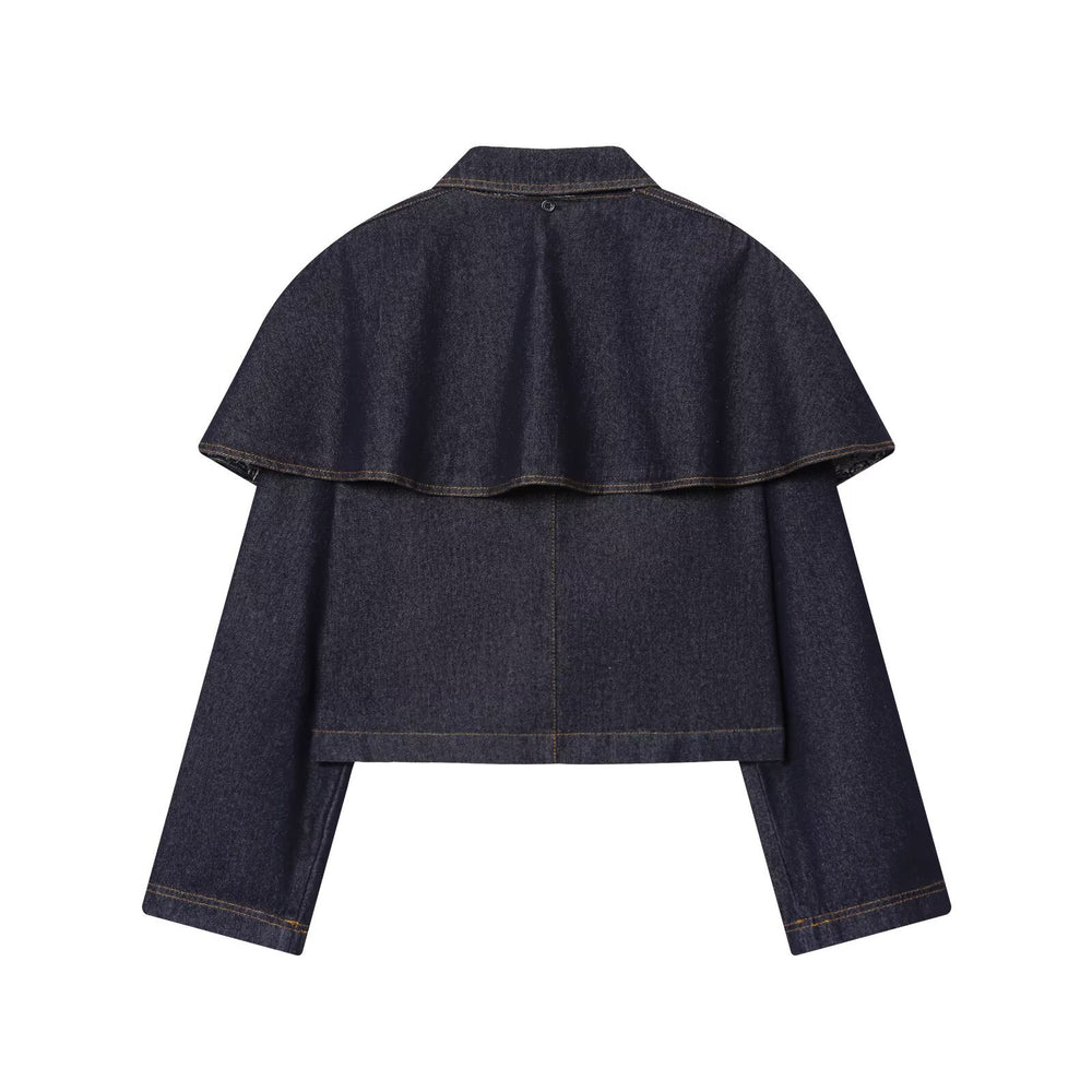 Damen Kurze Jeansjacke mit Cape‑Einsatz, Pattentaschen und Druckknöpfen Shop Nory