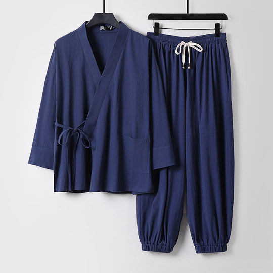 Unisex Entspanntes Kimono-Set mit Wickeljacke, dreiviertelärmeln und elastischer Kordelharemshose Shop Nory