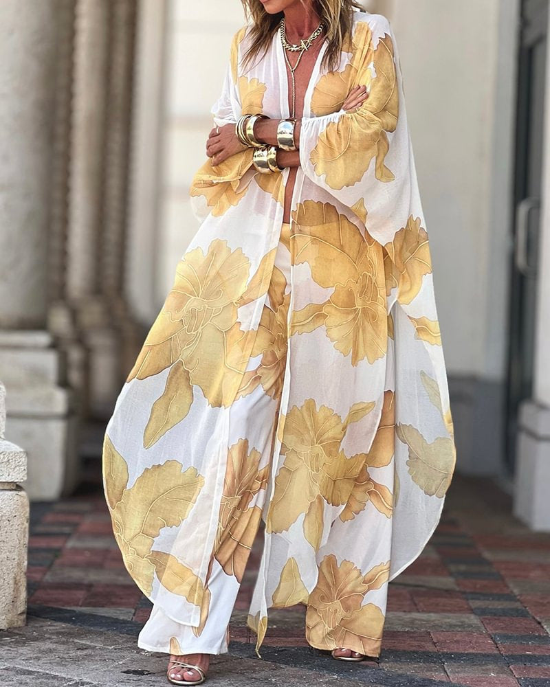 Damen Langarm-Kimono mit floralen Mustern und fließendem Stoff Shopnory
