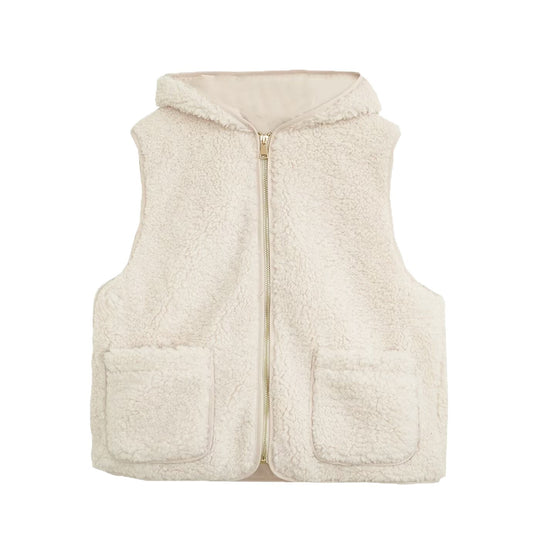 Damen Gefütterte Sherpa-Weste mit Kapuze, Reißverschluss und aufgesetzten Taschen Shop Nory