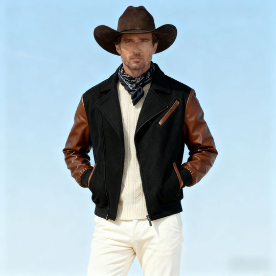 Herren Kurzjacke im Aviator‑Style mit Kontrastärmeln und asymmetrischem Reißverschluss Shop Nory