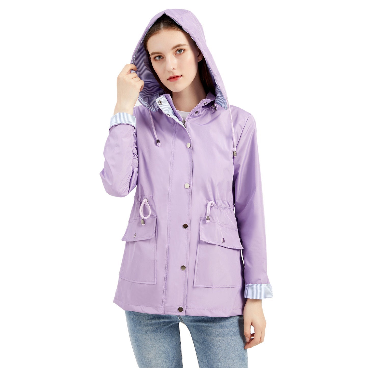 Damen Wetterfeste Regenjacke mit verstellbarem Kapuzenkragen und Taillenzug