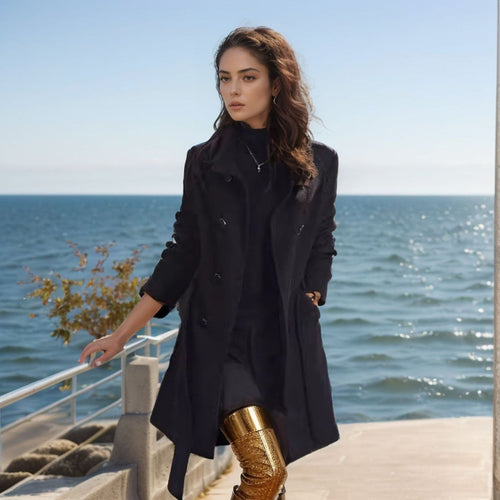Damen Langmantel mit ausgefransten Kanten, taillierter Silhouette und Doppelreihe Shop Nory