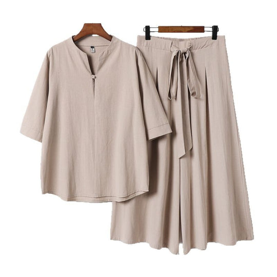 Damen Lässiges Leinen-Viskose Lounge-Set mit Stehkragen-Oberteil und weiten Palazzo-Hose Shop Nory