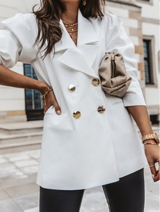 Damen Oversize-Blazer doppelreihig mit gerafften Ärmeln, Notch-Revers und goldfarbenen Zierknöpfen Shop Nory