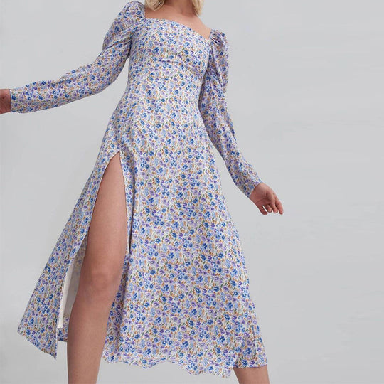 Damen Midikleid mit quadratischem Ausschnitt, tailliertem Bustier-Oberteil, Puffschulter und hohem Beinschlitz Shop Nory