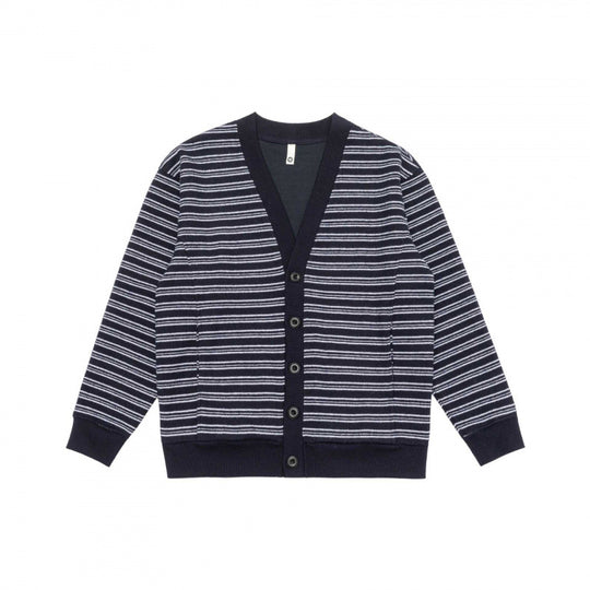 Unisex Gestreifte Boxy-Strickjacke mit V‑Ausschnitt, Knopfleiste und gerippten Abschlüssen Shop Nory