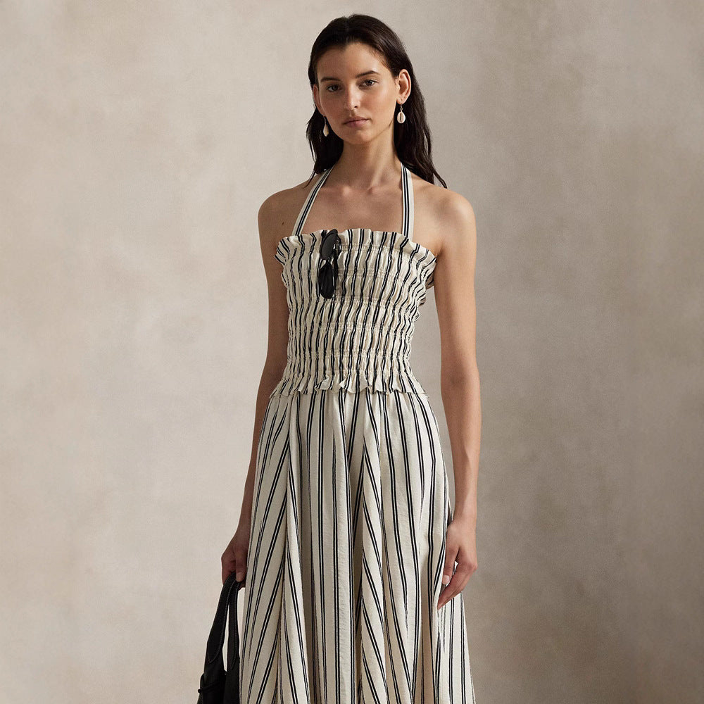Damen nan Midikleid mit gerafftem Smock-Oberteil, abnehmbarem Neckholder und Eingrifftaschen Shopnory