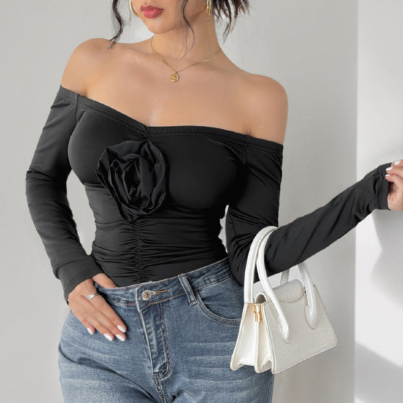 Damen Schulterfreies Longsleeve mit Rosenapplikation und taillierter Raffung Shop Nory