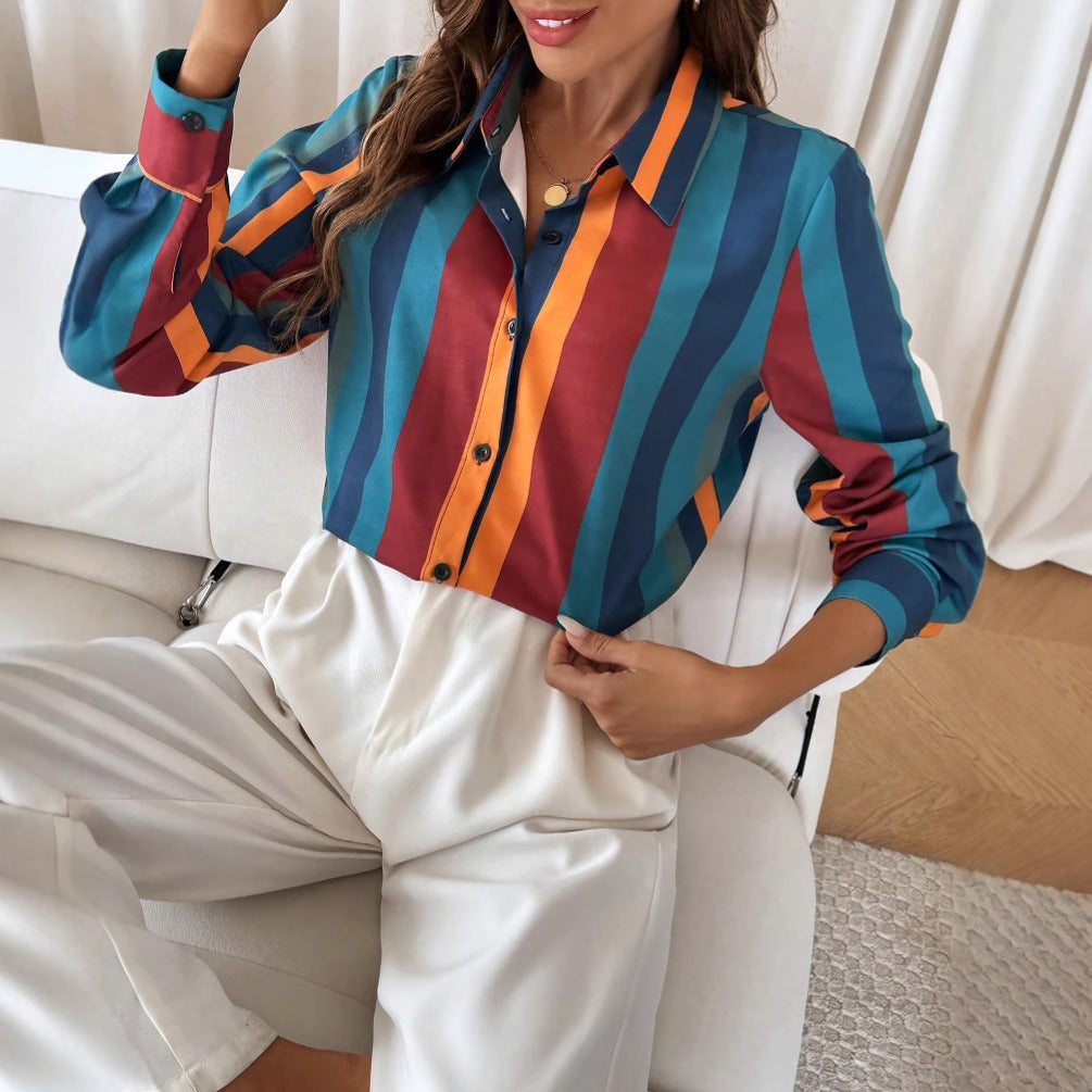 Damen Gestreifte Hemdbluse mit Kentkragen, durchgehender Knopfleiste und tailliertem Casual-Schnitt Shop Nory