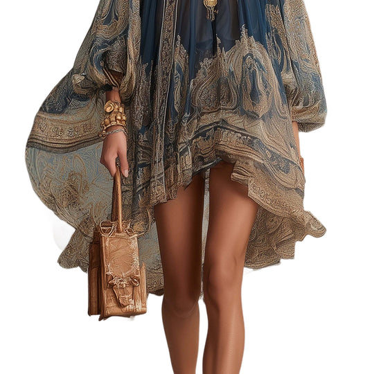 Damen Ätherisches Chiffon Tunika Kleid mit Hohem Stehkragen und Ballonärmeln Shop Nory