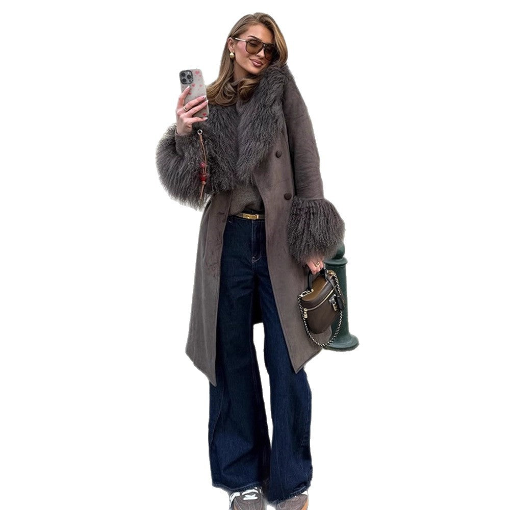 Damen Mantel aus Veloursleder‑Optik mit voluminösem Faux‑Fur‑Schalkragen, Fellmanschetten & Taillengürtel Shop Nory