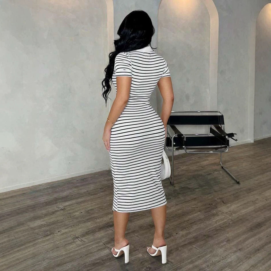 Damen Figurbetontes Polokleid im Streifen‑Look aus Rippstrick mit kurzem Ärmel Shop Nory