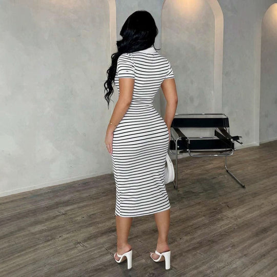 Damen Figurbetontes Polokleid im Streifen‑Look aus Rippstrick mit kurzem Ärmel Shop Nory