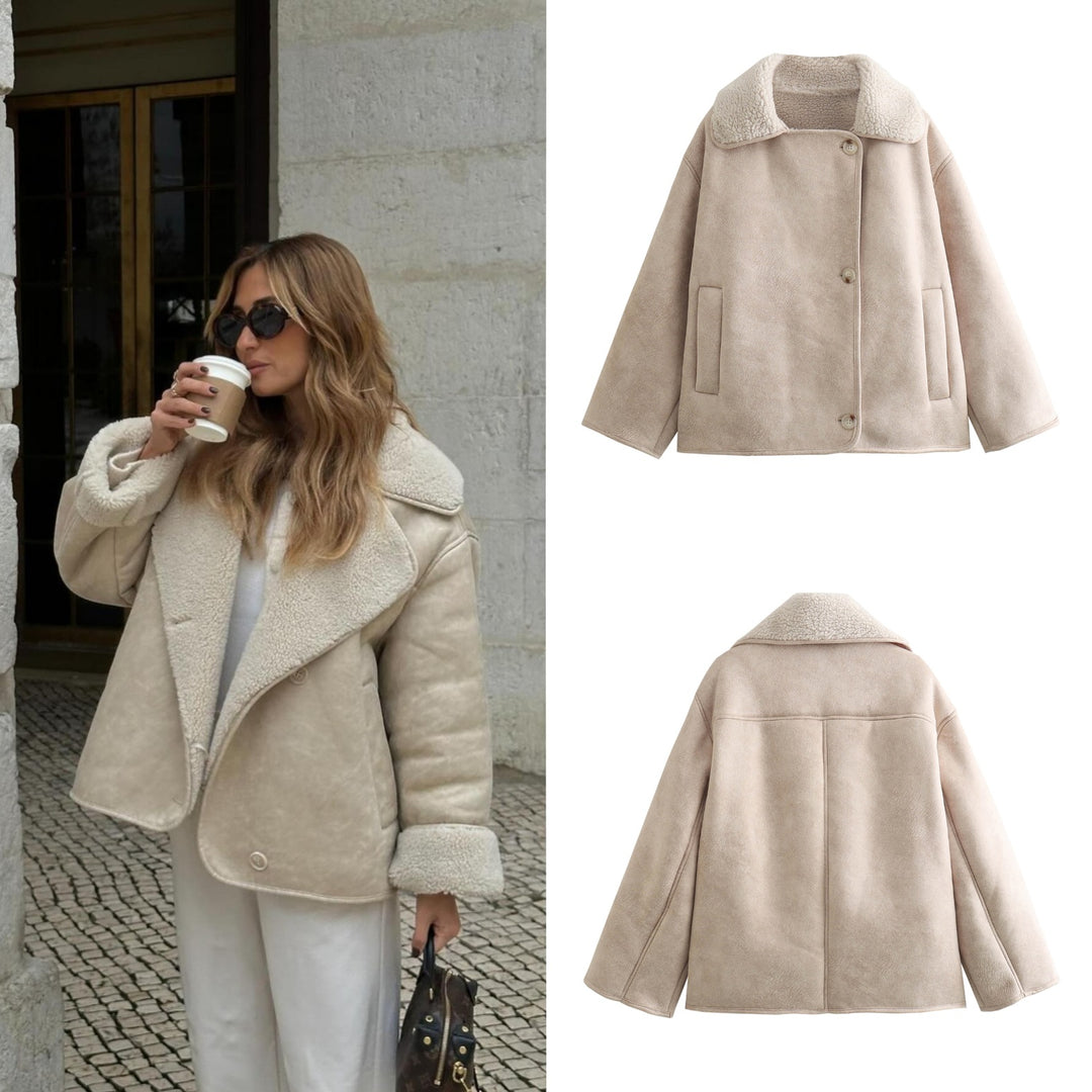 Damen Boxy Jacke in Lammfelloptik mit Teddyfutter und großem Umlegekragen Shop Nory