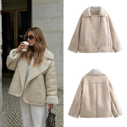 Damen Boxy Jacke in Lammfelloptik mit Teddyfutter und großem Umlegekragen Shop Nory
