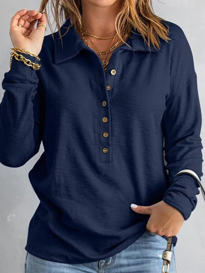 Damen Langarm-Waffelshirt mit Hemdkragen und Knopfleiste Shop Nory