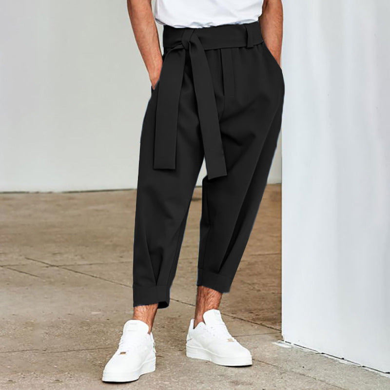 Herren elegante Freizeithose mit bindbarem Taillenband und weitem Schnitt
