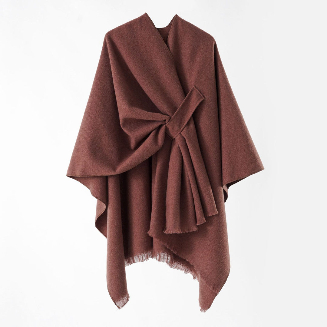 Damen leichter Wollmix-Überwurf mit Fransen und Bindegürtel Shop Nory