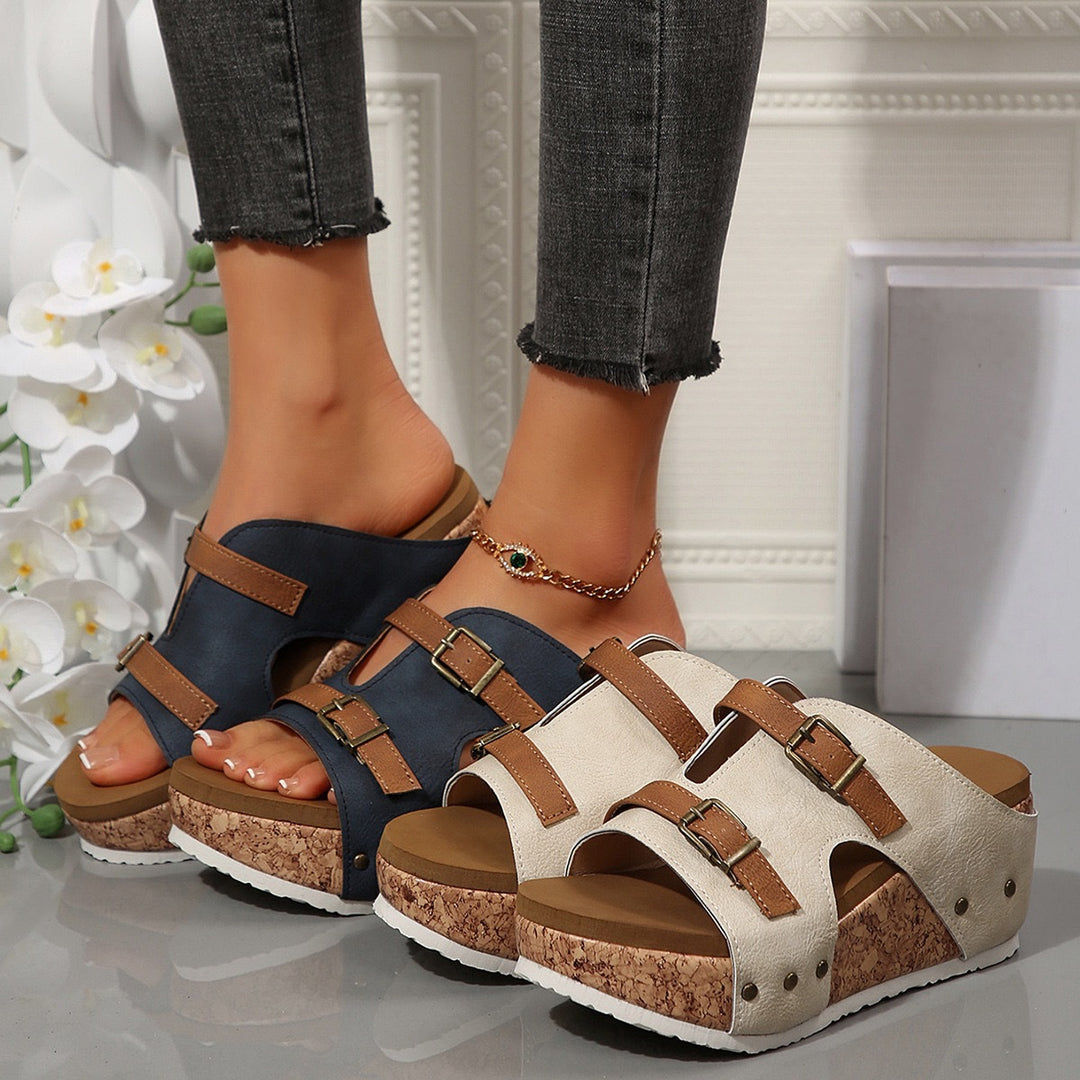 Damen Keil-Pantolette mit Korkplateau, verstellbaren Doppelriemen und gepolstertem Komfortfußbett Shop Nory