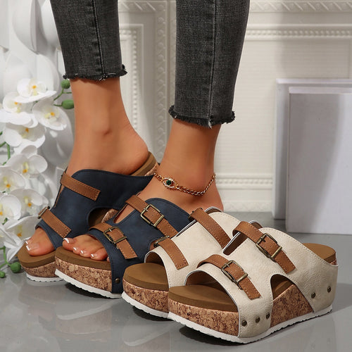 Damen Keil-Pantolette mit Korkplateau, verstellbaren Doppelriemen und gepolstertem Komfortfußbett Shop Nory