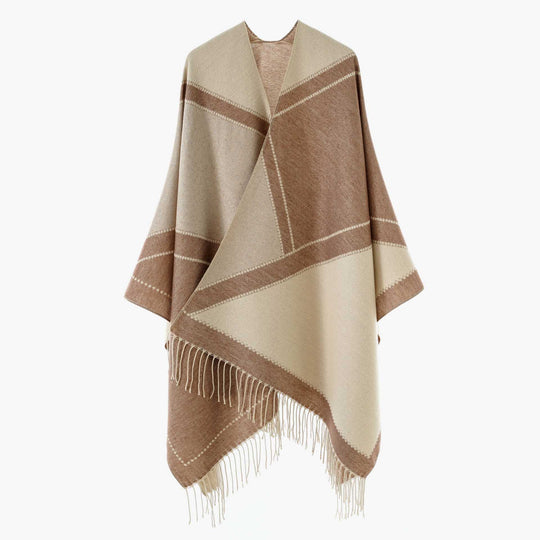 Damen Wendbarer Strickcape-Poncho mit Fransen und kontrastierenden Streifen Shop Nory
