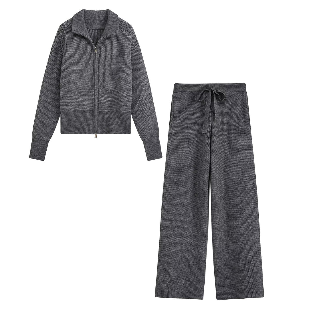 Damen Zweiteiliges Strickset mit Reißverschluss-Cardigan, Stehkragen und weitem Bein Shop Nory