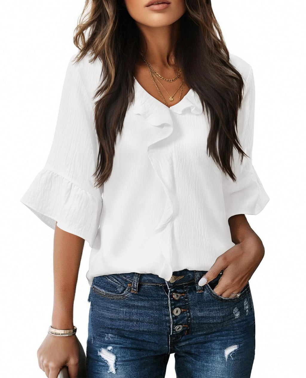 Damen Luftiges Blusenshirt mit Rüschendetails und V-Ausschnitt