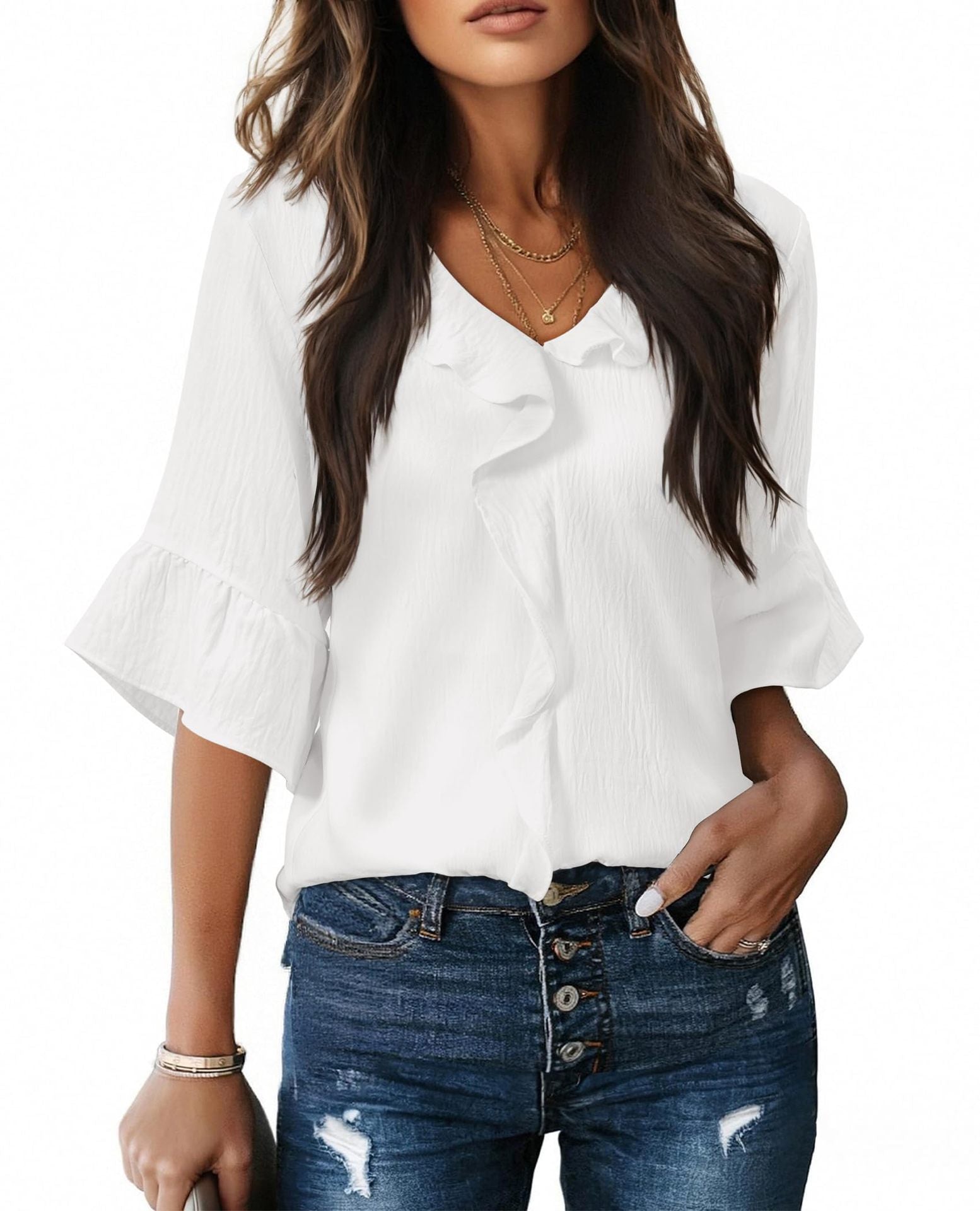 Damen Luftiges Blusenshirt mit Rüschendetails und V-Ausschnitt