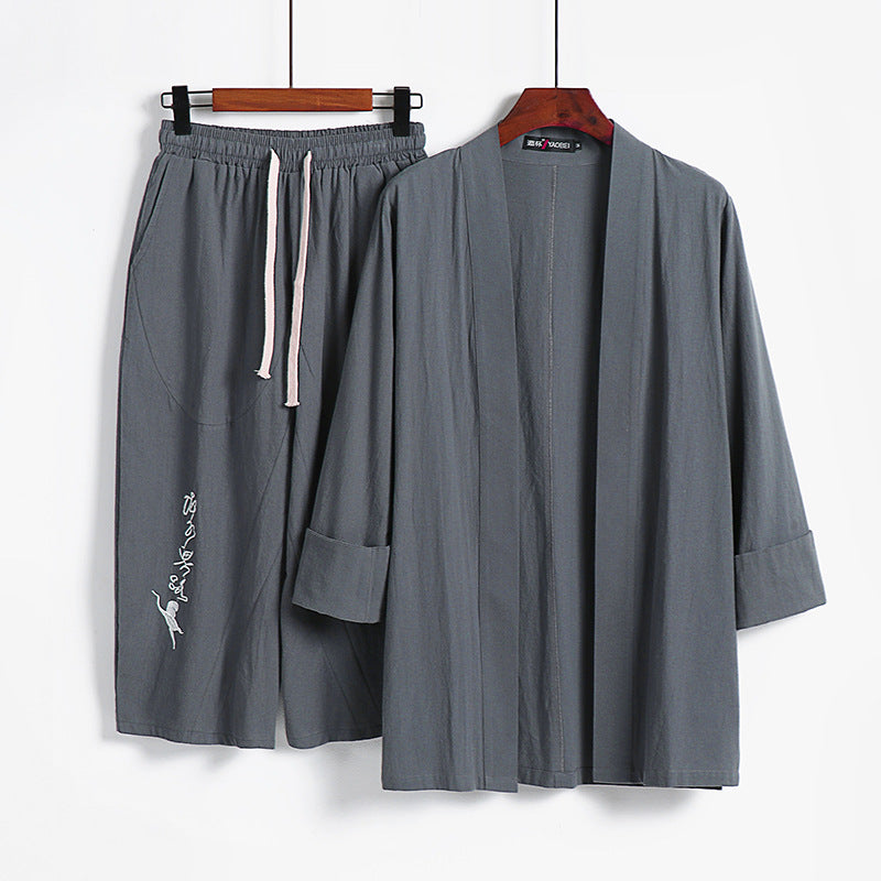 Damen Kimono-Set aus leichter Baumwollmischung offene Jacke mit lässig gekrempelten Ärmeln und weiter Haremshose mit Kordelzug Shop Nory