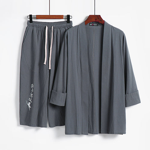 Damen Kimono-Set aus leichter Baumwollmischung offene Jacke mit lässig gekrempelten Ärmeln und weiter Haremshose mit Kordelzug Shop Nory