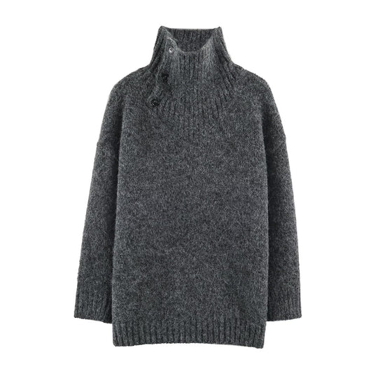 Damen Oversized Strickpullover mit hohem Rippkragen, Knopfdetail und V‑Ausschnitt Shop Nory