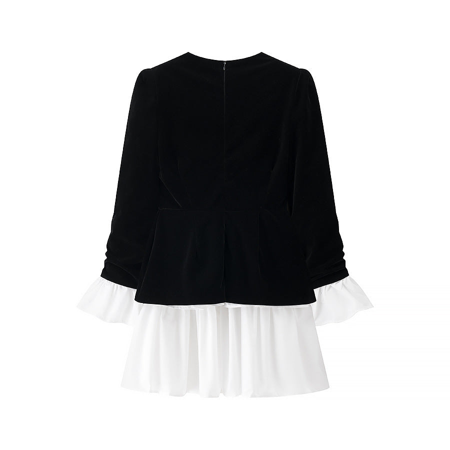 Damen Samtkleid mit tailliertem Mieder, Puffärmeln und mehrlagigem Volantrock Shop Nory