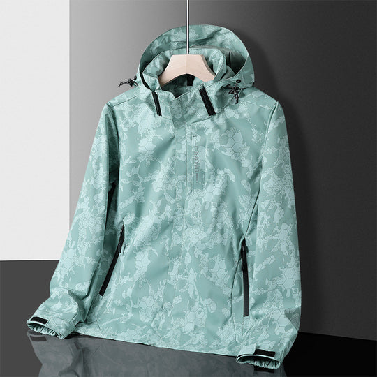 Herren leichter wasserdichter Softshell‑Hoodie mit Kapuze und Tarn‑Hex‑Alloverprint Shop Nory