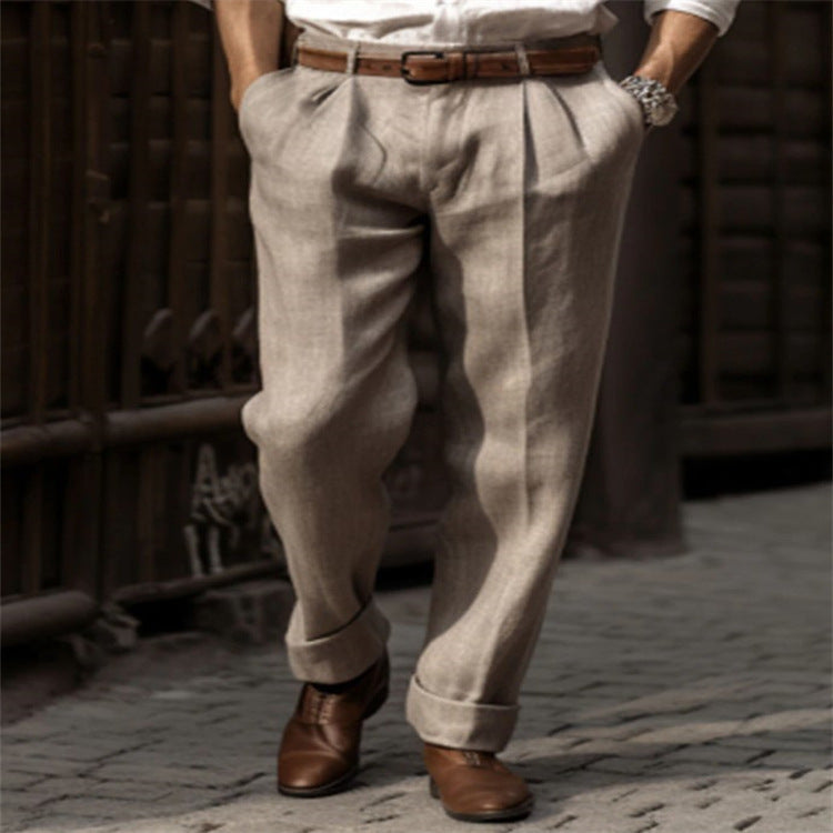 Herren Bundfalten-Leinenchino mit hohem Bund weitem Bein und klassischem Seitentaschenschnitt Shop Nory
